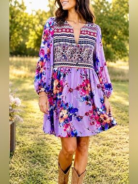 Umgee Boho Mini Dress Tunic Size L Purple Floral 100% Cotton